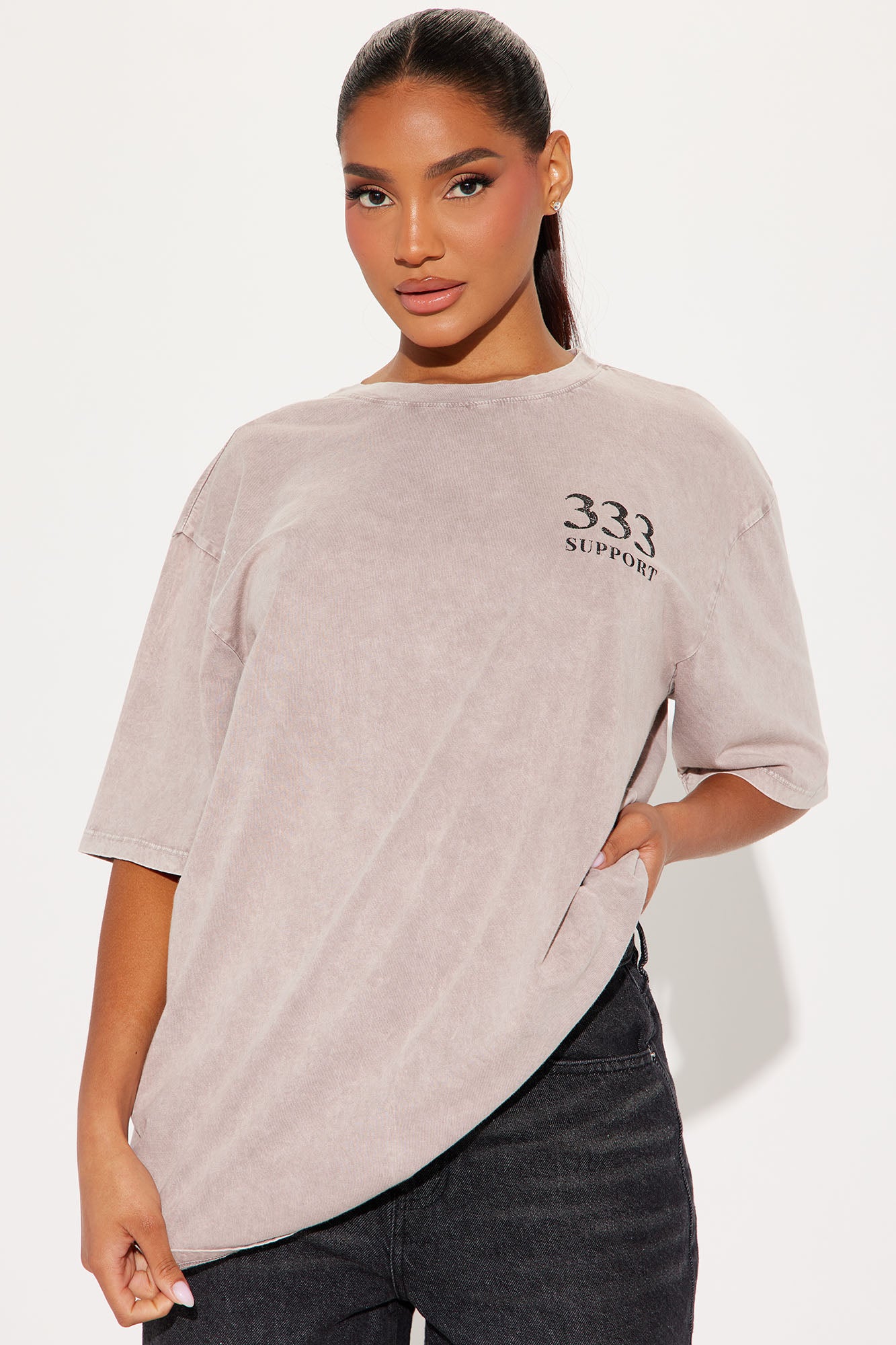 333 Intuition Graphic Tunic Top - Black Mineral Wash Cotton Crew Neck Short Sleeve Tee
