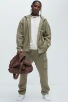Drawstring Long Sleeve Front Zip Hoodie 60% Cotton 40% Polyester Imported(Olive,S)