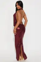Sexy Burgundy Metallic Maxi Dress – Halter Neck, Backless & Ruched with High Slit – Stretchy Polyester-Spandex Blend(Burgundy,XS)
