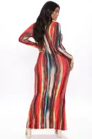 Elegant Long Sleeve Maxi Dress with Deep V-Neck - Stretchy Rayon & Spandex Blend - Multi Color Options(Multi Color,XS)