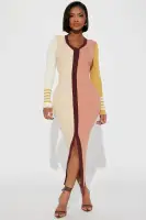 Elegant V-Neck Striped Maxi Cardigan Dress with Front Buttons & Slit – Multi-Color Options