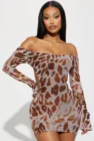 Sexy Brown Mesh Mini Dress - Off Shoulder, Open Back & Side Slits