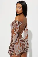 Sexy Brown Mesh Mini Dress - Off Shoulder, Open Back & Side Slits(Brown,XS)