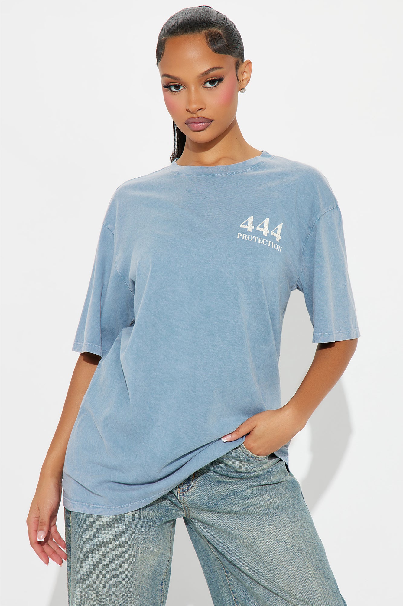444 Intuition Black Graphic Tunic Top - Soft Mineral Wash 100% Cotton Crew Neck Short Sleeve