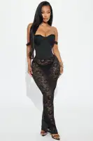 Elegant Black Lace Maxi Dress - Off Shoulder, Corset Waist & Lace-Up Back