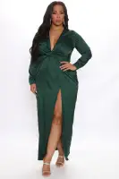 Elegant Burgundy Satin Maxi Dress with Deep V-Neck & Knot Front Detail – Long Sleeve Stretch Fit(Hunter,XS)