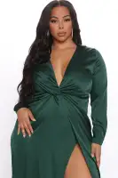 Elegant Burgundy Satin Maxi Dress with Deep V-Neck & Knot Front Detail – Long Sleeve Stretch Fit(Hunter,XS)
