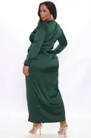 Elegant Burgundy Satin Maxi Dress with Deep V-Neck & Knot Front Detail – Long Sleeve Stretch Fit(Hunter,XS)