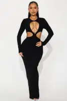 Elegant Black Ribbed Maxi Dress with High Neckline & Cut-Out Strap Detail