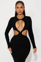Elegant Black Ribbed Maxi Dress with High Neckline & Cut-Out Strap Detail(Black,XS)