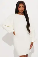 Oversized Sweatshirt Mini Dress with Long Dolman Sleeves - Soft Stretch Fabric in Pink, Grey, Ivory & Taupe(Ivory,XS)