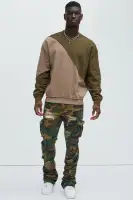 Crew Neck Long Sleeve Embossed Cotton Top(Tan,S)