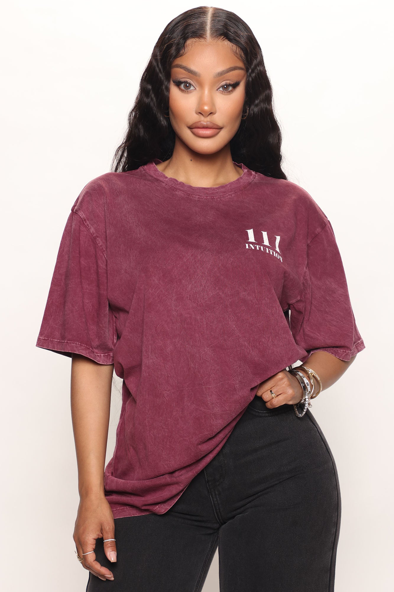 Burgundy Graphic Crew Neck Tunic Top - 100% Cotton Mineral Wash Tee