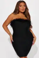 Sexy Bandage Mini Dress with Feather Trim - Red & Black, Stretchy Tube Dress with Back Zipper(Black,XS)