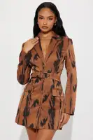 Elegant Brown Mini Blazer Dress with Belt & Long Sleeves – Stylish Button-Up Collar Design(Brown/combo,XS)