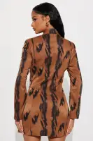 Elegant Brown Mini Blazer Dress with Belt & Long Sleeves – Stylish Button-Up Collar Design(Brown/combo,XS)