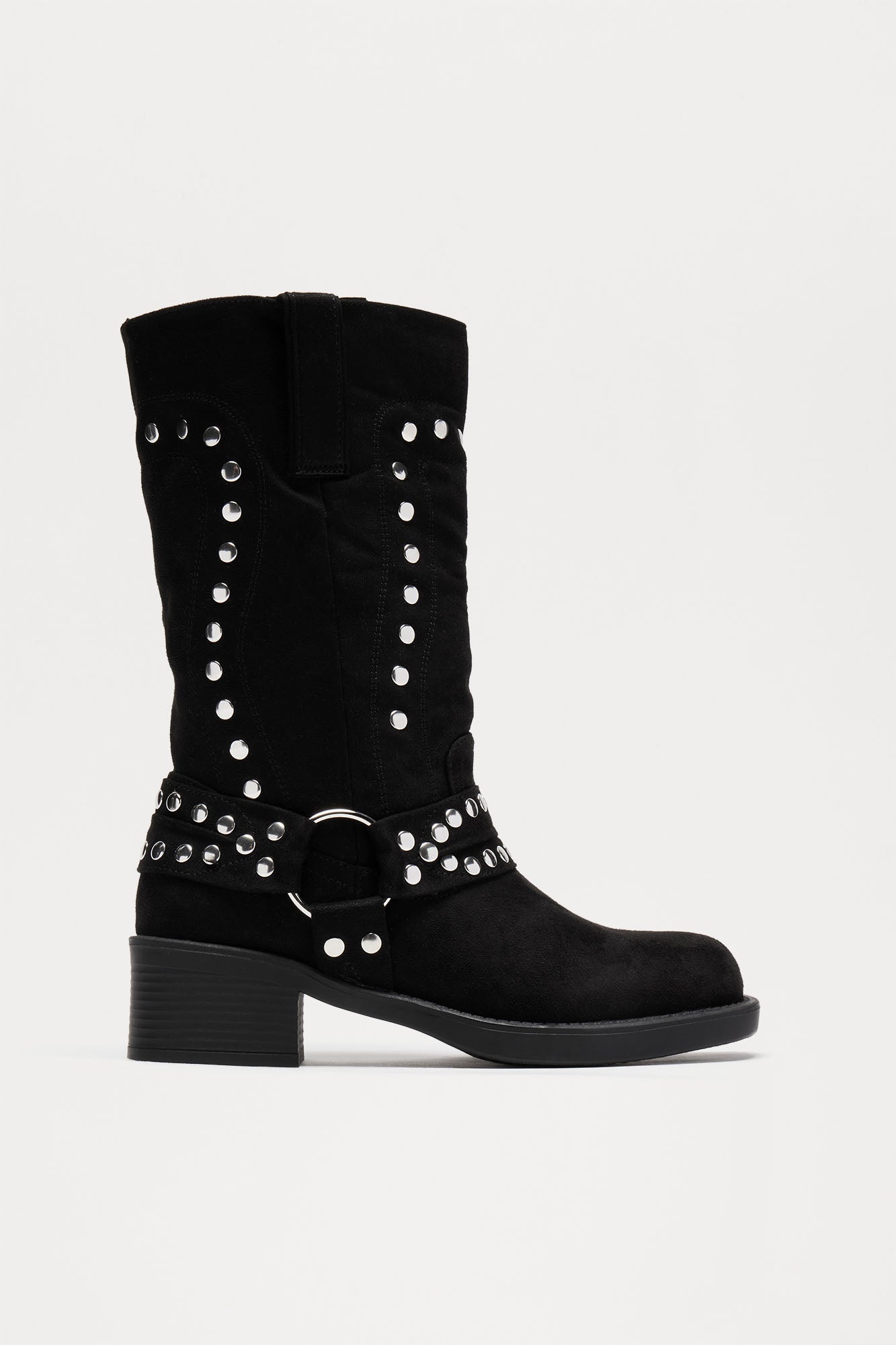 Chic Studded Knee-High Boots – Black & Beige | Block Heel & Square Toe