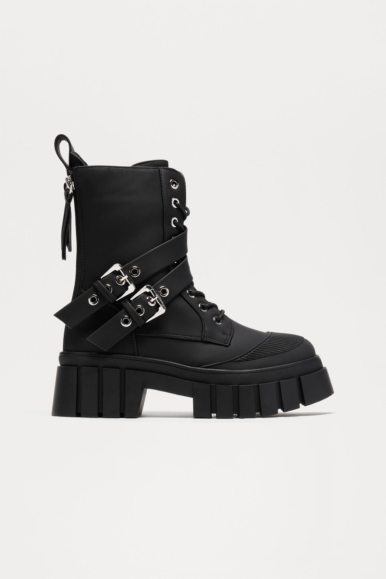 Chic Black Lace-Up Booties with Buckle Detail & Low Block Heel – Stylish Round Toe Ankle Boots