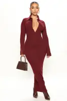 Burgundy Sweater Maxi Dress with Long Bell Sleeves & Back Slit – Stretchy Polyester Blend