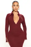 Burgundy Sweater Maxi Dress with Long Bell Sleeves & Back Slit – Stretchy Polyester Blend(Burgundy,XS)
