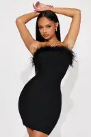 Sexy Bandage Mini Dress with Feather Trim - Red & Black, Stretchy Tube Dress with Back Zipper(Black,XS)