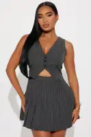 Stylish Mini Dress with V-Neck, Sleeveless Faux Vest & Pleated Skirt – Multi-Color Options(Grey,XS)