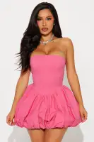White Strapless Corset Mini Dress with Ruched Bubble Hem – Elegant & Flirty(Fuchsia,regular,XS)