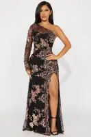 Elegant One-Shoulder Sequin Gown with High Slit – Black/Rose Gold