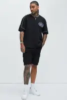 3-Button Henley Graphic Print Short Sleeve Casual Shirt(Black,S)