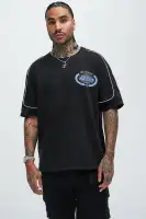 3-Button Henley Graphic Print Short Sleeve Casual Shirt(Black,S)