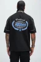 3-Button Henley Graphic Print Short Sleeve Casual Shirt(Black,S)