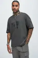 Black 3-Button Henley Short Sleeve Screen Print Polyester Imported Top