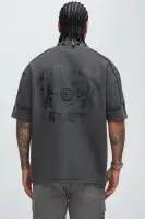 Black 3-Button Henley Short Sleeve Screen Print Polyester Imported Top(Black,S)