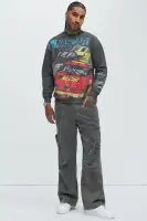 Crew Neck Long Sleeve Screen Printed Cotton-Polyester Top(Charcoal,S)