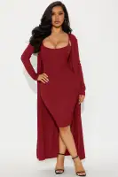 Elegant Black & Wine Midi Dress Set with Cardigan - Adjustable Straps & Stretch Fabric