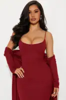 Elegant Black & Wine Midi Dress Set with Cardigan - Adjustable Straps & Stretch Fabric(Wine,XS)