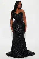 Elegant Black Sequin Strapless Maxi Dress with Train & Mesh Cut-Out Details(Black,XS)