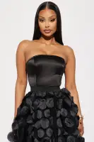 Elegant Strapless Tulle Midi Dress with 3D Flower Skirt & Elastic Waistband(Black,XS)