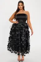 Elegant Strapless Tulle Midi Dress with 3D Flower Skirt & Elastic Waistband(Black,XS)