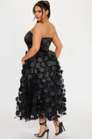 Elegant Strapless Tulle Midi Dress with 3D Flower Skirt & Elastic Waistband(Black,XS)