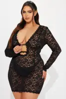 Sexy Black & Rust Lace Mini Dress with Deep V-Neck & Cut Outs - Long Sleeve Stretchy Bodycon Dress with Matching Panty(Black,XS)