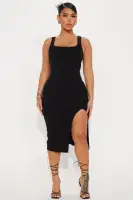 Elegant Black & Red Midi Dress – Sleeveless Square Neck with High Slit & Lace-Up Back