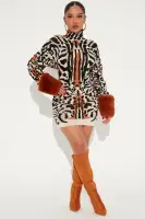 Chic Brown Sweater Mini Dress with Fur Cuffs – Mock Neck, Long Sleeves & Stretchy Shell(Brown/combo,XS)