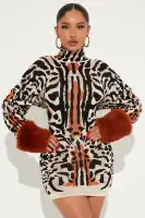 Chic Brown Sweater Mini Dress with Fur Cuffs – Mock Neck, Long Sleeves & Stretchy Shell