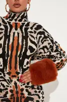 Chic Brown Sweater Mini Dress with Fur Cuffs – Mock Neck, Long Sleeves & Stretchy Shell(Brown/combo,XS)