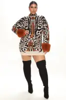 Chic Brown Sweater Mini Dress with Fur Cuffs – Mock Neck, Long Sleeves & Stretchy Shell(Brown/combo,XS)