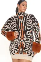 Chic Brown Sweater Mini Dress with Fur Cuffs – Mock Neck, Long Sleeves & Stretchy Shell(Brown/combo,XS)