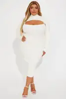 Elegant Square Neck Sleeveless Sweater Midi Dress Set with Bolero - Ivory & Olive(Ivory,XS)