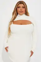 Elegant Square Neck Sleeveless Sweater Midi Dress Set with Bolero - Ivory & Olive(Ivory,XS)