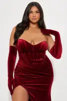 Elegant Velvet Strapless Corset Gown with High Slit & Train – Available in Hunter and Wine(Wine,XS)